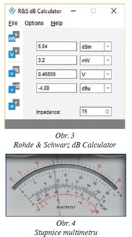 Obr. 3 Rohde & Schwarz dB Calculator, Obr. 4 Stupnice multimetru